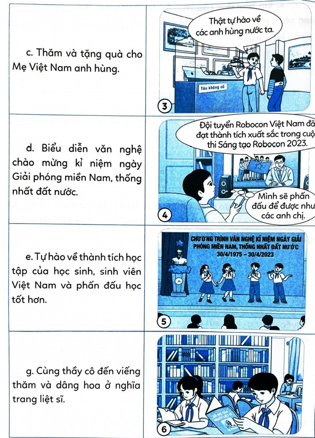 Em hãy lựa chọn những lời nói, việc làm ở cột A để nối với tranh ở cột B sao cho phù hợp với việc thể hiện lòng biết ơn những người có công với quê hương, đất nước. (ảnh 2)