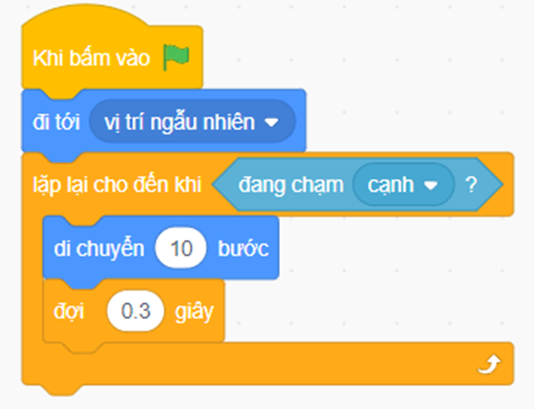 Em hãy tạo chương trình có một nhân vật gấu (Bear-walking) thực hiện đồng thời hai yêu cầu sau, mỗi yêu cầu là một khối lệnh riêng:  a) Gấu di chuyển từ từ sang phải từ vị trí ngẫu nhiên cho tới khi chạm cạnh của vùng Sân khấu  b) Hoạt hình gấu bước đi cho tới khi chạm cạnh của vùng Sân khấu. (ảnh 1)