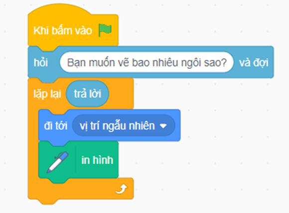 Em hãy viết một chương trình thực hiện:  a) Yêu cầu người dùng nhập vào số ngôi sao.  b) Vẽ các ngôi sao tại vị trí ngẫu nhiên trên vùng Sân khấu với số lượng bằng số người dùng đã nhập. (ảnh 1)