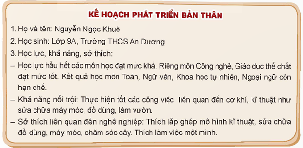 Lập kế hoạch phát triển bản thân đề đạt được yêu cầu của định hướng nghề nghiệp sau trung học cơ sở.  Gợi ý: (ảnh 1)