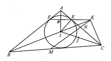 Đường tròn tâm I nội tiếp tam giác ABC tiếp xúc với AB, AC lần lượt tại F và E. Kẻ CK vuông góc với (ảnh 1)