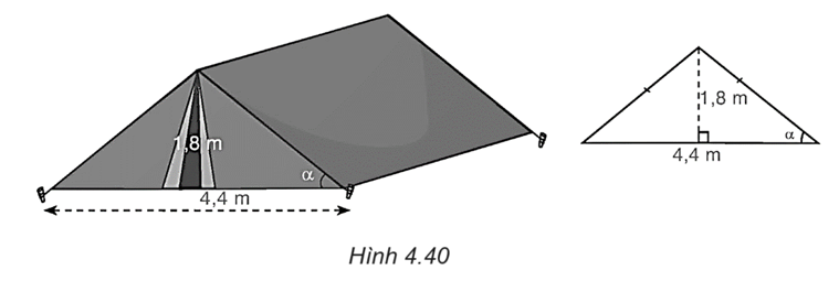 Hình 4.40 là mô hình của một túp lều. Tìm góc α giữa cạnh mái lều và mặt đất (làm tròn kết quả đến phút).   (ảnh 1)