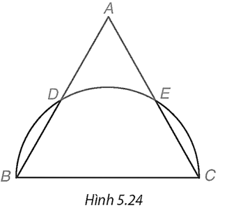 Cho tam giác đều ABC có \(AB = 2\sqrt 3 \) cm. Nửa đường tròn đường kính BC cắt hai cạnh AB và AC lần lượt tại D và E (khác B và C) (H.5.24).   a) Chứng tỏ rằng ba cung nhỏ BD, DE và EC bằng nhau. Tính số đo mỗi cung ấy. b) Tính diện tích của hình viên phân giới hạn bởi dây BD và cung nhỏ BD. (ảnh 1)