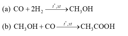 Một lượng lớn acetic acid được sử dụng để sản xuất vinyl acetate (dùng sản xuất keo dán, chất kết dính trong sản xuất giấy,...) và cellulose acetate (sản xuất tơ, phim ảnh,...). Acetic acid được tổng hợp từ nguồn khí than (giá thành rẻ) theo các phản ứng hoá học sau: (ảnh 1)