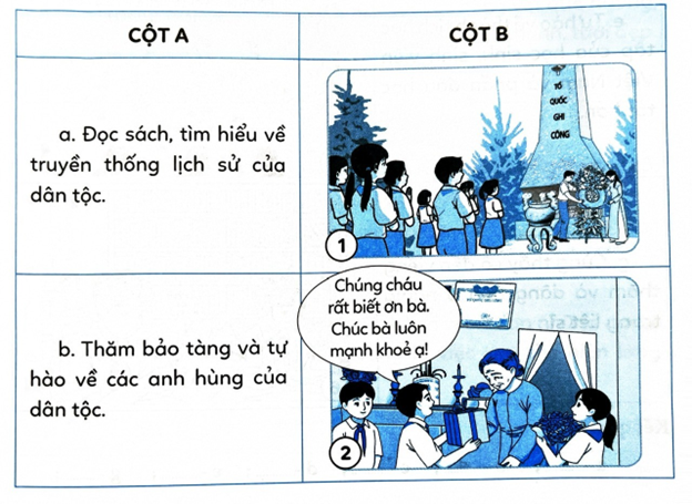 Em hãy lựa chọn những lời nói, việc làm ở cột A để nối với tranh ở cột B sao cho phù hợp với việc thể hiện lòng biết ơn những người có công với quê hương, đất nước. (ảnh 1)