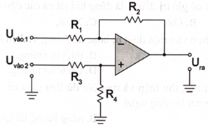 Một mạch trừ dùng khuếch đại thuật toán như hình bên dưới.   NếuR1 = R2= 100\Omega \) và R3 = R4 = 200\Omega \), tín hiệu vào \({U_1} = 3\;{\rm{V}}\) và \({U_2} = 5\;{\rm{V}}\) thì điện áp ra có giá trị 	A. 2 V.	B. 17 V.	C. 8 V.	D. -2 V. (ảnh 1)