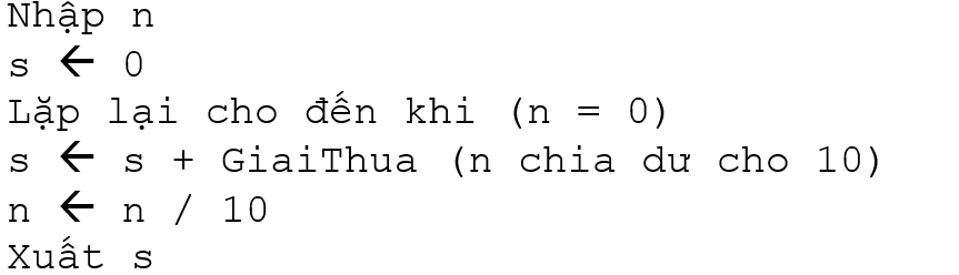 Một số tự nhiên bằng tổng giai thừa các chữ số của nó có gọi là số mạnh mẽ (strong number). Sử dụng thuật toán trong Câu 15.9, trình bày thuật toán liệt kê các số mạnh mẽ không vượt quá số n cho trước. (ảnh 1)