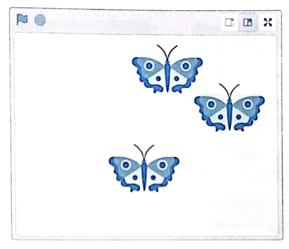 Em hãy tạo chương trình vẽ 3 con bướm tại vị trí bất kì trên vùng Sân khấu và thực hành chạy chương trình như hình sau đây:  Gợi ý: Dùng lệnh đi tới vị trí ngẫu nhiên – để đặt nhân vật ở vị trí ngẫu nhiên. (ảnh 1)