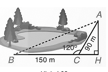 Một bạn muốn tính khoảng cách giữa hai địa điểm A, B ở hai bên hồ nước. Biết rằng các khoảng cách từ một điểm C đến A và đến B là CA = 90 m, CB = 150 m và \(\widehat {ACB} = 120^\circ \) (H.4.28). Hãy tính AB giúp bạn.   (ảnh 1)