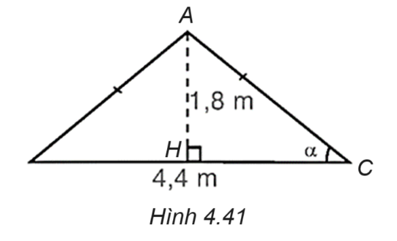 Hình 4.40 là mô hình của một túp lều. Tìm góc α giữa cạnh mái lều và mặt đất (làm tròn kết quả đến phút).   (ảnh 2)