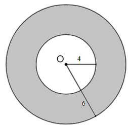 Tính diện tích hình vành khuyên nằm giữa hai đường tròn đồng tâm có bán kính là 6 cm và 4 cm. (ảnh 1)