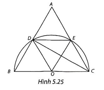 Cho tam giác đều ABC có \(AB = 2\sqrt 3 \) cm. Nửa đường tròn đường kính BC cắt hai cạnh AB và AC lần lượt tại D và E (khác B và C) (H.5.24).   a) Chứng tỏ rằng ba cung nhỏ BD, DE và EC bằng nhau. Tính số đo mỗi cung ấy. b) Tính diện tích của hình viên phân giới hạn bởi dây BD và cung nhỏ BD. (ảnh 2)