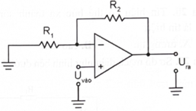 Trong một mạch khuếch đại không đảo, tín hiệu Uvào là sóng hình sin có biên độ 4 V, R2 = 500 Ω và R1 = 200 Ω. Điện áp ở đầu ra có giá trị   	 (ảnh 1)