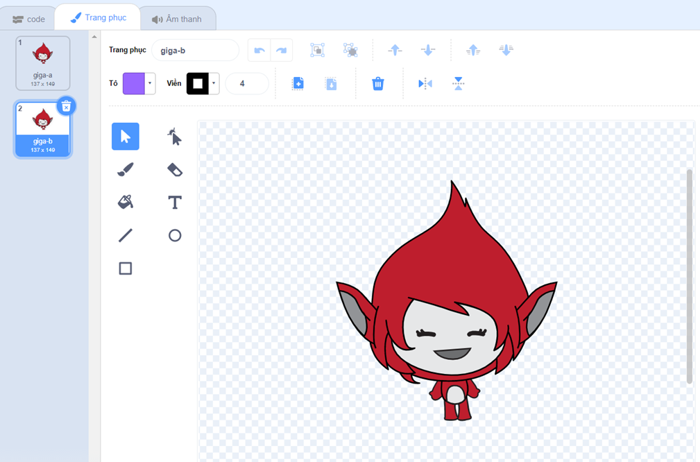 Em hãy tạo chương trình có nhân vật Giga thực hiện hoạt hình đang nói chuyện khi gõ phím bất kì liên tục.  Gợi ý: Sử dụng 2 trang phục giga-a và giga-b như hình bên để tạo hoạt hình miệng nói chuyện. (ảnh 4)