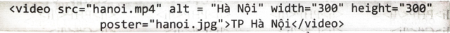 Cho đoạn lệnh HTML sau:   Khi mở trình duyệt có đoạn lệnh HTML trên, video sẽ hiển thị nội dung gì? A. Nội dung trong video hanoi.mp4.	B. Chữ “Hà Nội”.  	C. Ảnh trong file hanoi.jpg.	D. Chữ “TP. Hà Nội”. (ảnh 1)