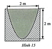 Mặt cắt ngang của lòng máng dẫn nước là hình phẳng giới hạn bởi một parabol và đường thẳng nằm ngang như Hình 15 (phần được tô màu xám). Tính diện tích của mặt cắt ngang đó. (ảnh 1)
