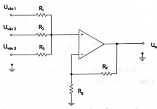 Mạch cộng không đảo 3 đầu vào có các điện áp vào U1 = 3 V, U2 = 6 V, U3 = 2 V. Các điện trở R1 = R2 = R3 = 100 Ω và Rf = Rg = 200 Ω. Điện áp ở đầu ra có giá trị (ảnh 1)