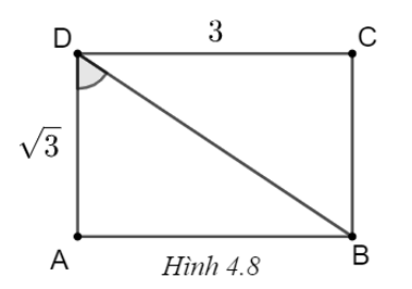 Cho hình chữ nhật có chiều dài và chiều rộng lần lượt là 3 và \(\sqrt 3 .\) Tính góc giữa đường chéo và cạnh ngắn hơn của hình chữ nhật (sử dụng bảng giá trị lượng giác của các góc đặc biệt). (ảnh 1)