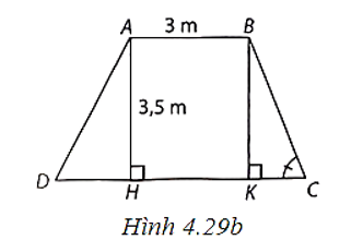 Mặt cắt ngang của một đập ngăn nước có dạng hình thang ABCD (H.4.29a). Chiều rộng của mặt trên AB của đập là 3 m. Độ dốc của sườn AD, tức là tan D = 1,25. Độ dốc của sườn BC, tức là tan C = 1,5. Chiều cao của đập là 3,5 m. Hãy tính chiều rộng CD của chân đập, chiều dài của các sườn AD và BC (làm tròn đến dm).   (ảnh 2)