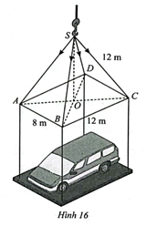 Tính độ lớn của các lực căng trên mỗi sợi dây cáp trong Hình 16. Cho biết khối lượng xe là 1 900 kg, gia tốc là 10 m/s2, khung nâng có khối lượng 100 kg và có dạng hình chóp (ảnh 1)