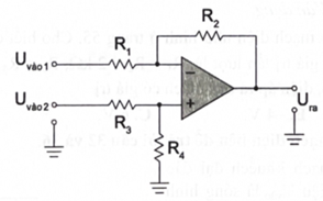 Cho mạch trừ như hình sau.   Cho biết các giá trị R1 = R3 = 2 kΩ, R2 = R4 = 10 kΩ, Uvào 1 = 1 V, Uvào 2 = 5 V. Khi đó, điện áp Ura có giá trị (ảnh 1)