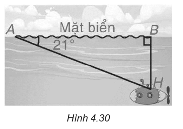 Trong một buổi tập trận, một tàu ngầm đang ở trên mặt biển bắt đầu di chuyển theo đường thẳng tạo với mặt nước biển một góc 21° để lặn xuống (H.4.30).   a) Khi tàu chuyển động theo hướng đo và đi được 200 m thì tàu ở độ sâu bao nhiêu so với mặt nước biển? (Làm tròn đến m). b) Giả sử tốc độ của tàu là 9 km/h thì sau bao lâu (tính từ lúc bắt đầu lặn) tàu ở độ sâu 200 m (tức là cách mặt nước biển 200 m)? (ảnh 1)