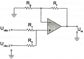 Cho mạch cộng không đảo như hình vẽ.   Cho biết các giá trị R1 = R2 = 1 kΩ, Rf  = Rg = 10 kΩ, Uvào 1 = 1 V, Uvào 2 = 5 V. Khi đó, điện áp Ura có giá trị 	A. 10 V.	B. 1 V.	C.-10 V. 	D.-1 V. (ảnh 1)