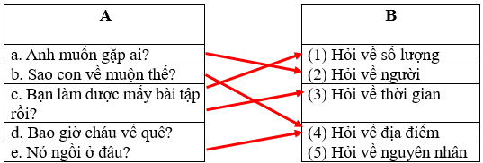 Nối mỗi câu dưới đây với mục đích sử dụng tương ứng của đại từ nghi vấn trong câu.  A  	     	  B     a. Anh muốn gặp ai?  	     	  (1) Hỏi về số lượng     b. Sao con về muộn thế?  	     	  (2) Hỏi về người     c. Bạn làm được mấy bài tập rồi?  	     	  (3) Hỏi về thời gian     d. Bao giờ cháu về quê?  	     	  (4) Hỏi về địa điểm     e. Nó ngồi ở đâu?  	     	  (5) Hỏi về nguyên nhân (ảnh 1)