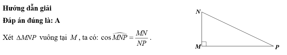 Cho tam giác \(MNP\) vuông tại \(M\). Khi đó \(\cos \widehat {MNP}\) bằng A. \(\frac{{MN}}{{NP}}\).	B. \(\frac{{MP}}{{NP}}\).	C. \(\frac{{MN}}{{MP}}\).	D. \(\frac{{MP}}{{MN}}\). (ảnh 1)