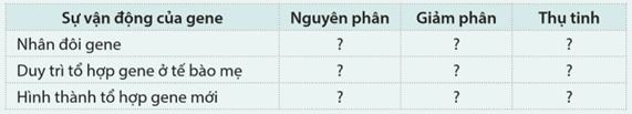 Tìm hiểu thông tin và hoàn thành bảng 5.1.  Bảng 5.1. Sự vận động của gene trong nguyên phân, giảm phân và thụ tinh (ảnh 1)