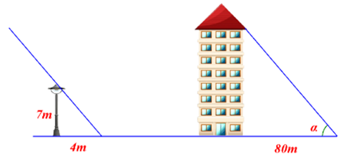 Một cột đèn cao  7  m có bóng trên mặt đất dài  4  m, gần đó có một tòa nhà cao tầng có bóng trên mặt đất dài  80  m (hình vẽ).  Em hãy cho biết tòa nhà đó cao bao nhiêu tầng, biết rằng mỗi t (ảnh 1)