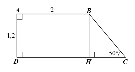Cho hình thang  A B C D  có  ˆ A = ˆ D = 90 ∘ , ˆ C = 50 ∘ .  Biết rằng  A B = 2 ; A D = 1 , 2.  Khi đó diện tích hình thang  A B C D  gần nhất với (ảnh 1)