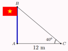 Tam giác  A B C  vuông tại  A  ở hình bên mô tả cột cờ  A B  và bóng nắng của cột cờ trên mặt đất  A C .  Người ta đo được độ dài  A C = 12 m  và  ˆ C = 40 ∘ .  Chiều cao  A B  của cột cờ khi làm tròn đến hàng phần trăm là (ảnh 1)