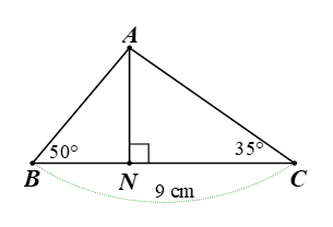 Cho tam giác  A B C  có  B C = 9 c m , ˆ A B C = 50 ∘  và  ˆ A C B = 35 ∘ .  Gọi  N  là chân đường vuông góc hạ từ  A  xuống cạnh  B C .  Độ dài  A N  gần nhất với giá trị nào dưới đây? (ảnh 1)
