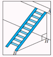 Hình vẽ bên mô tả một chiếc thang có chiều dài  A B = 7  m được đặt dựa vào tường, khoảng cách từ chân thang đến chân tường là  B H = 3  m.  Góc tạo bởi cạnh  A B  và phần sàn nhà nằm ngang trên mặt đất gần nhất với (ảnh 1)