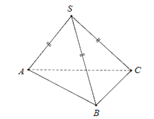 Cho hình chóp  S . A B C  có  S A = S B = S C  và  ˆ A S B = ˆ B S C = ˆ C S A . Hãy xác định góc giữa cặp vectơ  −→ S A  và  −−→ B C  ? (ảnh 1)