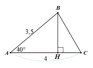 Cho tam giác  A B C  nhọn có  A B = 3 , 5 ; A C = 4 ; ˆ A = 40 ∘  và  B H  là đường cao. Diện tích tam giác  A B C  gần nhất với (ảnh 1)