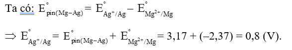 Cho \[E_{pin(Mg - Ag)}^^\circ \]= 3,17 V và \[E_{M{g^{2 + }}/Mg}^^\circ \]= –2,37 V. Tính thế điện cực chuẩn của cặp oxi hóa – khử Ag+/Ag (\[E_{A{g^ + }/Ag}^^\circ \]). (ảnh 1)