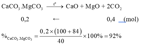 Nhiệt phân hoàn toàn 40 g một loại quặng dolomite có lẫn tạp chất trơ sinh ra 9,916 lít khí CO2 (điều kiện chuẩn). Thành phần phần trăm về khối lượng của CaCO3.MgCO3 trong loại quặng nêu trên (ảnh 1)