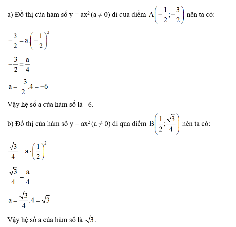 Xác định hệ số a của hàm số y = ax2 (a ≠ 0), biết đồ thị của hàm số đi qua điểm: (ảnh 1)