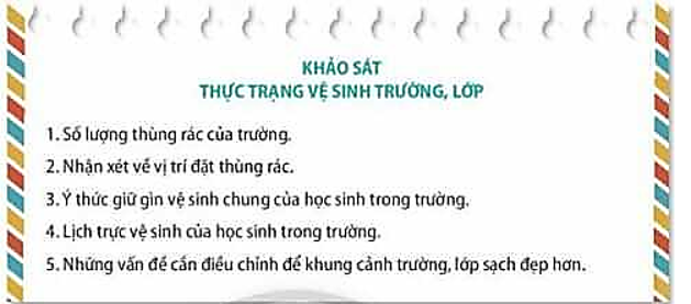 1. Khảo sát thực trạng vệ sinh trường, lớp.  Em có thể tham khảo gợi ý sau: (ảnh 1)