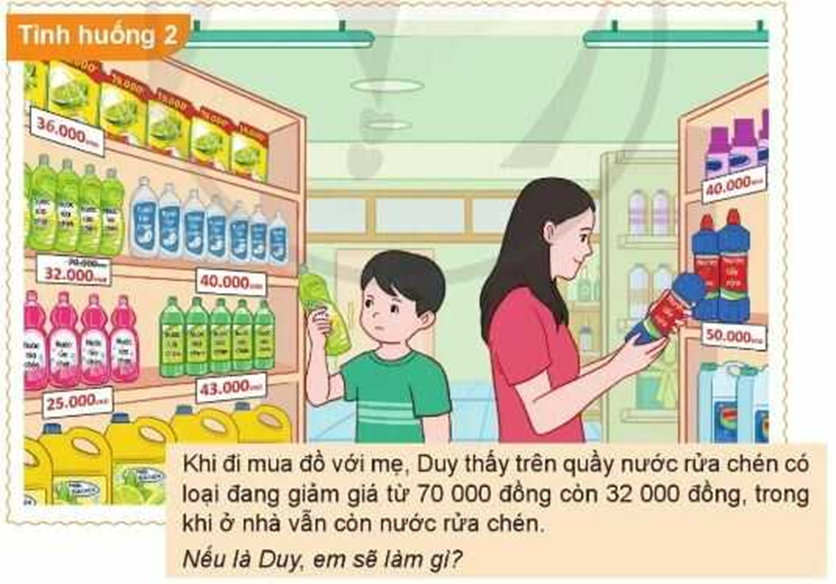 4. Thực hành mua sắm thông minh Quan sát tranh và thảo luận cách xử lí trong mỗi tình huống sau:     Đóng vai (ảnh 2)