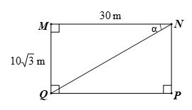 Một mảnh vườn hình chữ nhật có chiều dài  30 m ,  chiều rộng  10 √ 3 m .  Khi đó góc giữa đường chéo và chiều dài của mảnh vườn bằng (ảnh 1)