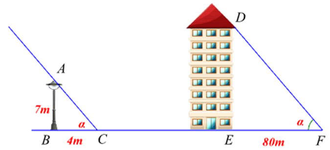 Một cột đèn cao  7  m có bóng trên mặt đất dài  4  m, gần đó có một tòa nhà cao tầng có bóng trên mặt đất dài  80  m (hình vẽ).  Em hãy cho biết tòa nhà đó cao bao nhiêu tầng, biết rằng mỗi t (ảnh 2)