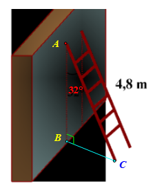 Một cái thang dài  4 , 8  m dựa vào tường và tạo với tường một góc  32 ∘ .  Chiều cao của thang so với mặt đất gần nhất với (ảnh 2)