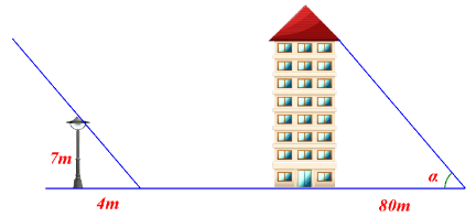 Một cột đèn cao  7  m có bóng trên mặt đất dài  4  m, gần đó có một tòa nhà cao tầng có bóng trên mặt đất dài  80  m (hình vẽ).  Em hãy cho biết tòa nhà đó cao bao nhiêu tầng, biết rằng mỗi tầng cao  2  m? (ảnh 1)