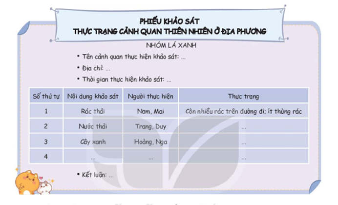 2. Lập kế hoạch khảo sát thực trạng cảnh quan thiên nhiên ở địa phương - Lựa chọn một cảnh quan thiên nhiên ở (ảnh 1)