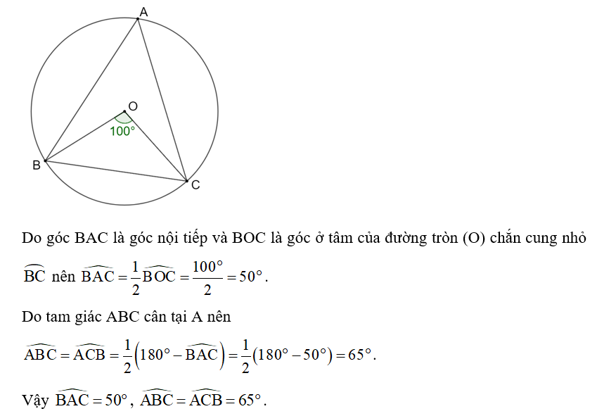 Cho tam giác ABC cân tại A và nội tiếp đường tròn (O). Tính số đo các góc của tam giác (ảnh 1)