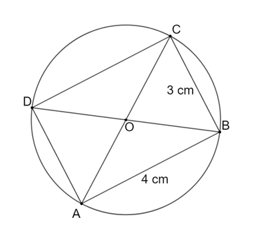 Cho hình chữ nhật ABCD nội tiếp (O) với AB = 4 cm, BC = 3 cm. Đường tròn (O) có bán kính là (ảnh 1)