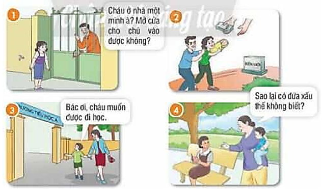 1. Chỉ ra những đối tượng, hoàn cảnh có nguy cơ gây ra hành động xâm hại trong các tranh sau: (ảnh 1)